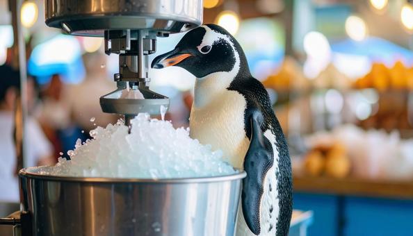 氷を砕いている機械に夢中なペンギン 氷を砕いている機械に夢中なペンギンの写真