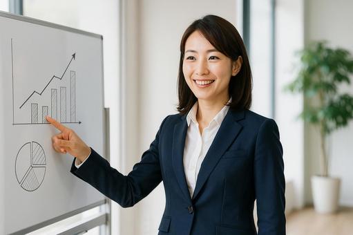 ホワイトボード指差す女性社員 ホワイトボード指差す女性社員の写真