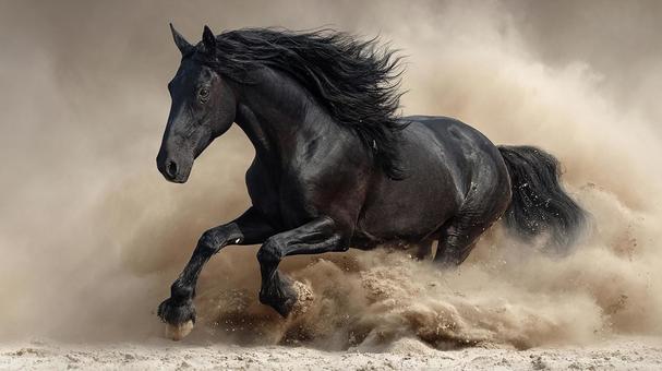 スピードと力強さ:圧倒的な存在感の黒馬 スピードと力強さ:圧倒的な存在感の黒馬の写真