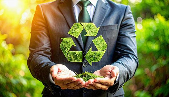 リサイクルマークを持つ日本人ビジネスマンの写真