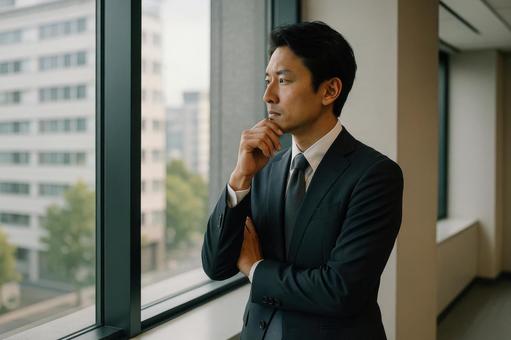 窓辺で考える社員 窓辺で考える社員の写真