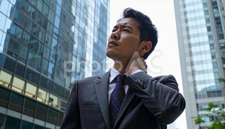 寝違えて首痛に苦しむ男性 寝違え,痛み,首痛の写真素材