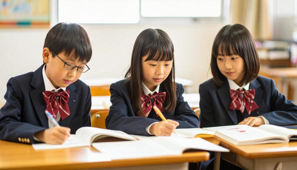 塾で勉強する日本人の小学生3人 塾で勉強する日本人の小学生3人の写真