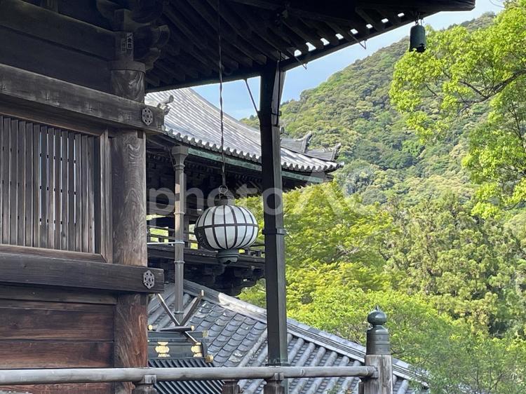 奈良　長谷寺　釣り灯篭 釣り灯篭,瓦屋根,本堂の写真素材