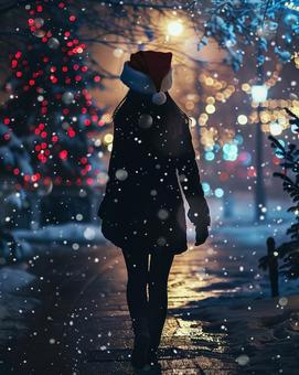 クリスマス サンタ帽子 女性 雪 夜 クリスマス サンタ帽子 女性 雪 夜の写真