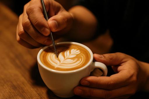 模様を描くバリスタの手 模様を描くバリスタの手の写真
