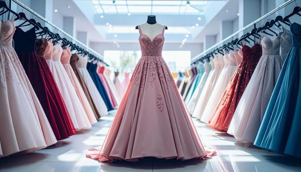 レンタルドレス屋にかかるたくさんのドレスの写真