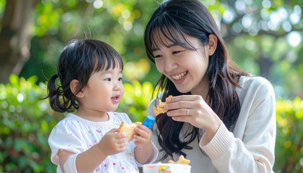 公園でおやつを食べる親子 公園でおやつを食べる親子の写真