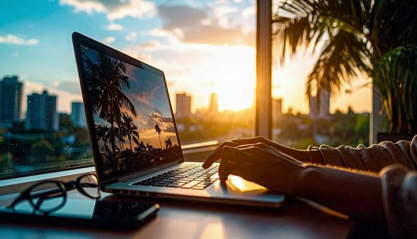 デスクワーク　パソコンに両手で入力する手の写真