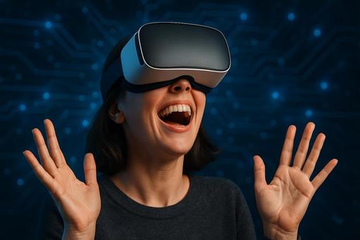 VRゴーグルを装着、没入して驚き喜ぶ女性 VRゴーグルを装着、没入して驚き喜ぶ女性の写真