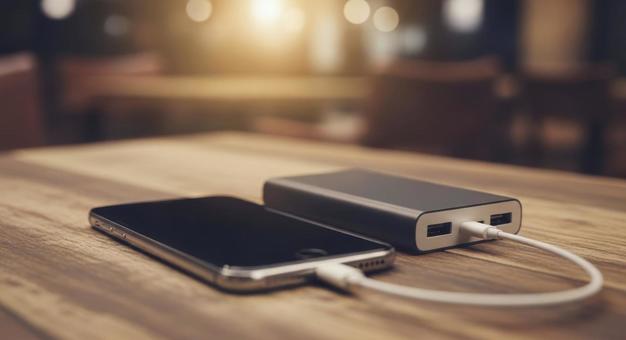 カフェでスマホをモバイルバッテリーで充電 カフェでスマホをモバイルバッテリーで充電の写真