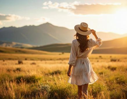 草原と女性の写真