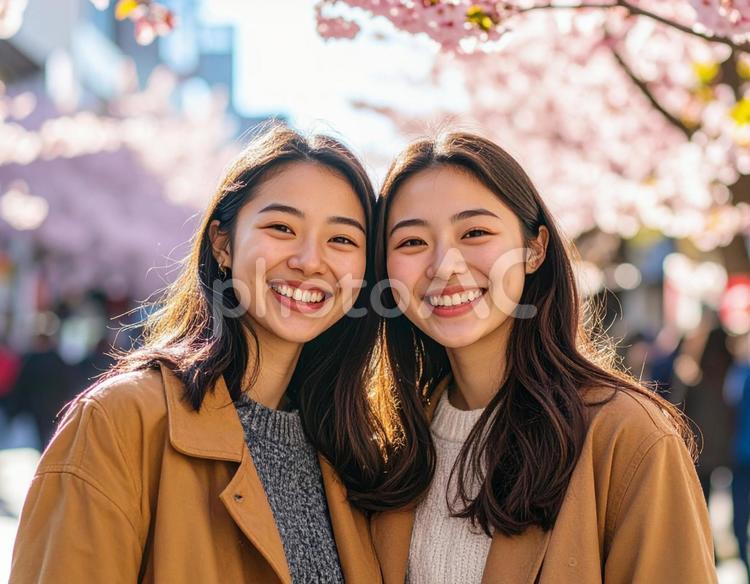 桜の下で微笑む女子学生 女子高生,笑顔,桜の写真素材