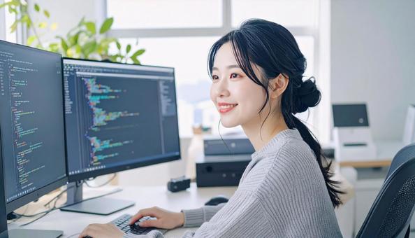 プログラミングをする女性エンジニア プログラミングをする女性エンジニアの写真