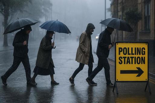 雨の中の投票所行列 雨の中の投票所行列の写真