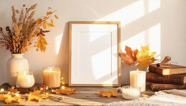 フレームとキャンドル、秋の雰囲気の写真