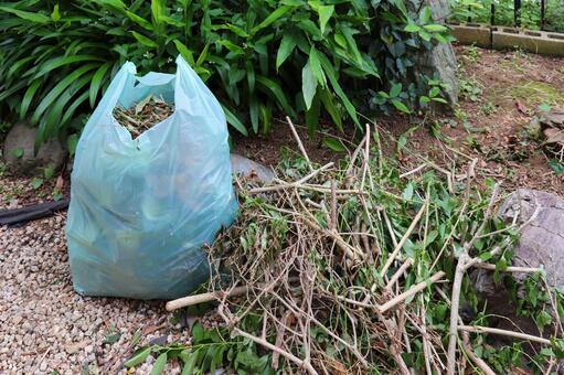 庭の草むしりと剪定で出たごみの片付け 草むしり,庭仕事,ごみ袋の写真素材