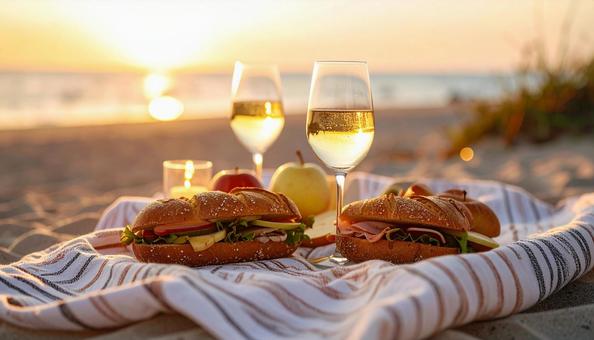 夕日を見ながら海辺でピクニック 夕日を見ながら海辺でピクニックの写真