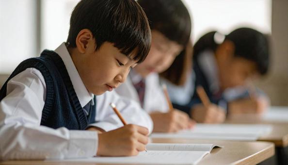 塾で勉強する日本人の小学生３人の写真