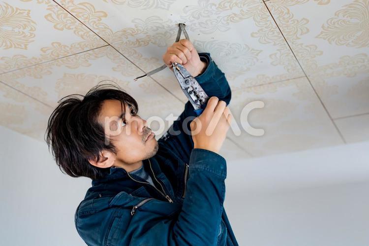 天井の配線を工事する作業員 工事,電気,仕事の写真素材