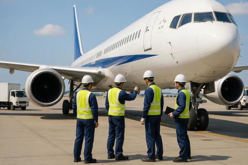 駐機中の飛行機と整備作業員 駐機中の飛行機と整備作業員の写真