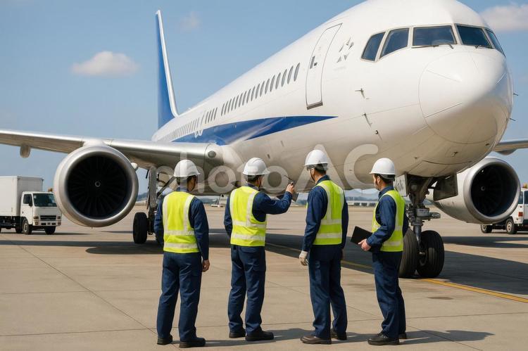 駐機中の飛行機と整備作業員 駐機,飛行機,整備士の写真素材