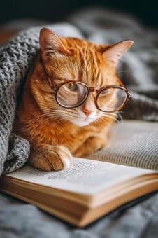 眼鏡をかけて読書する知的でかわいい猫 眼鏡をかけて読書する知的でかわいい猫の写真