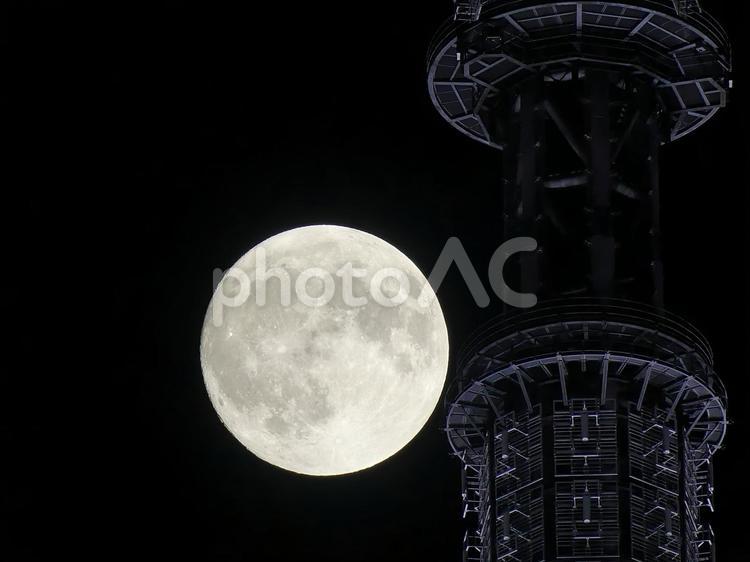 東京スカイツリーゲイン塔と中秋の名月① 中秋の名月,満月,月の写真素材
