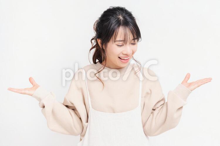 案内のジェスチャーをする若い女性 女性,案内,ジェスチャーの写真素材