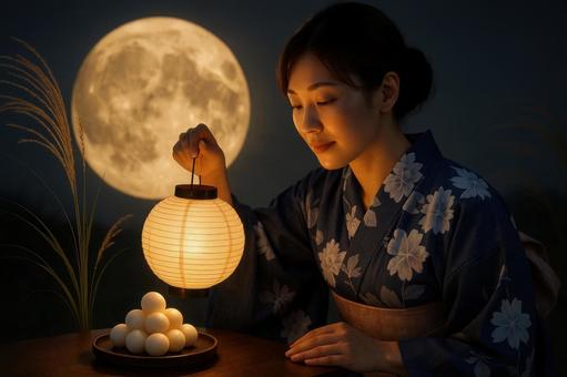 提灯の明かりで団子を照らす女性 提灯の明かりで団子を照らす女性の写真