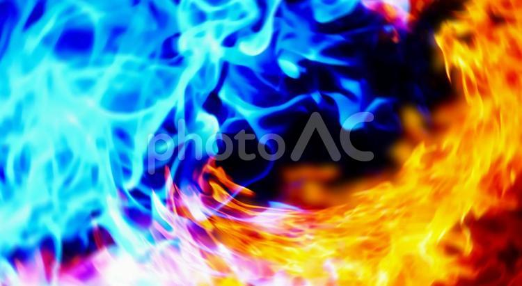 向かい合う青と赤の炎の背景画像 火,炎,赤の写真素材