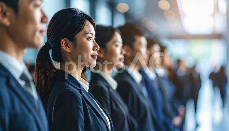 斜めの角度から見た整列する若い会社員 ビジネス,女性,男性の写真素材