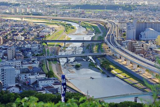 猪名川と街並み 猪名川鉄橋,呉服橋,超望遠撮影の写真素材