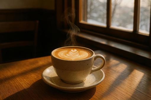 冬のカフェで温まるラテ 冬のカフェで温まるラテの写真
