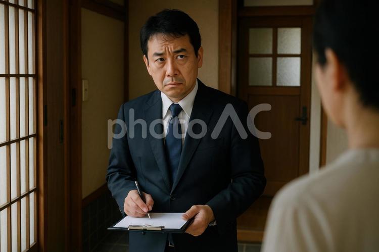 役所職員を装い訪問する人物 中年男性,スーツ,訪問の写真素材