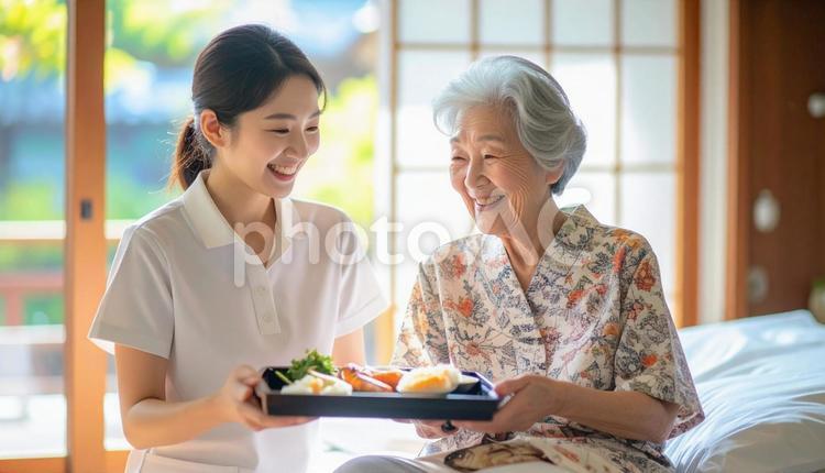 高齢女性と女性介護士の穏やかな食事風景 女性介護士,訪問介護,在宅介護の写真素材