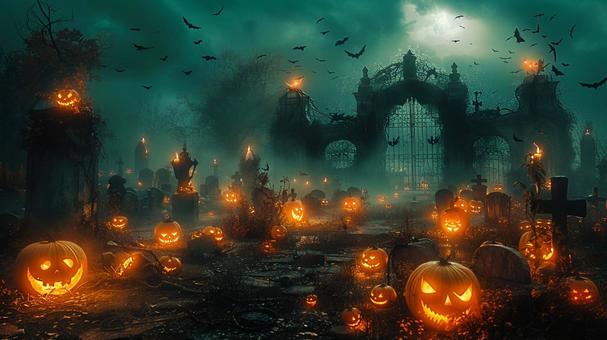墓地に灯るハロウィンランタン 墓地に灯るハロウィンランタン ジャックオーランタン,カボチャ,墓地の写真素材