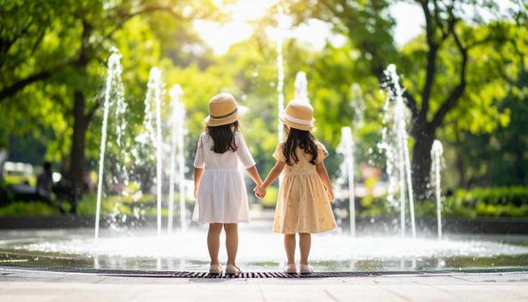 公園の噴水で水遊びする夏の日本人の子供 公園の噴水で水遊びする夏の日本人の子供の写真