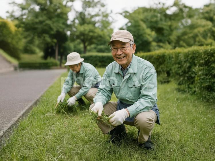 草刈り作業するシニア 草刈り,草むしり,シルバー人材センターの写真素材