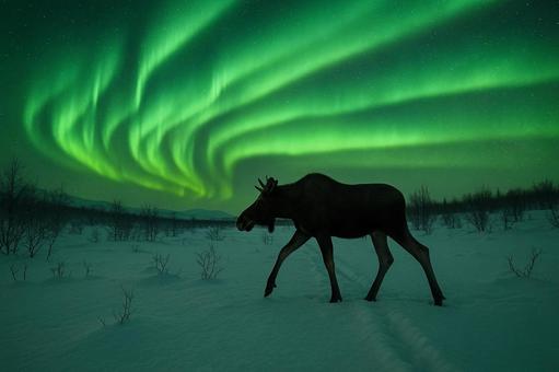 美しいオーロラの夜、雪原を歩くヘラジカ 美しいオーロラの夜、雪原を歩くヘラジカの写真