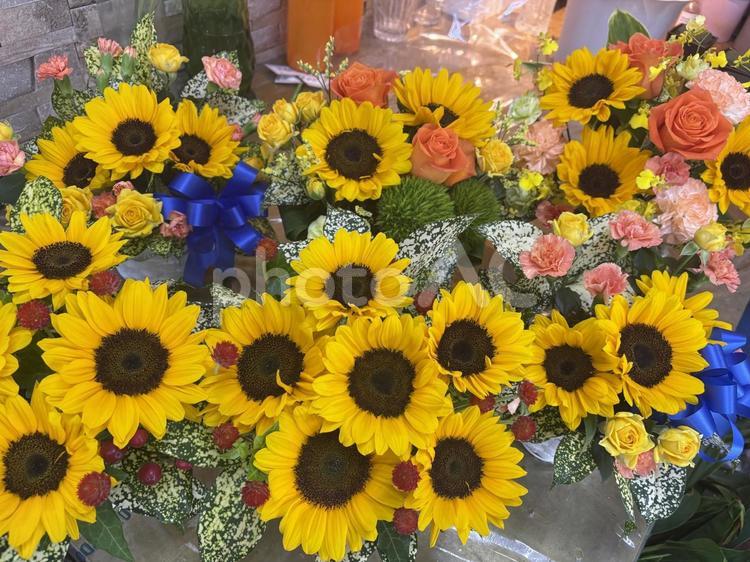 ひまわり　花束　アレンジ 花,花屋,ブーケの写真素材