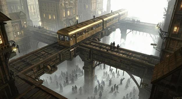 スチームパンクの高架鉄道 スチームパンクの高架鉄道の写真