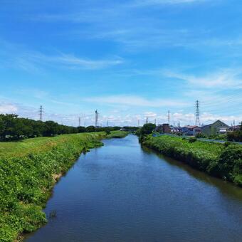 青空と夏の川② 川,河川,夏の川の写真素材