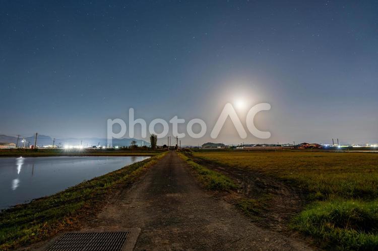 田んぼと月明かり 水田,田んぼ,水面の写真素材