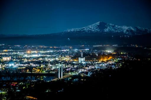 Chokai mountain and cityscape at night, night view, street, yurihonjo city, JPG