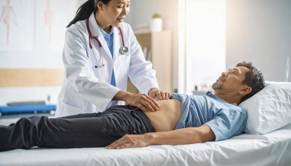 男性患者の腹部の触診を行う医師 男性患者の腹部の触診を行う医師の写真