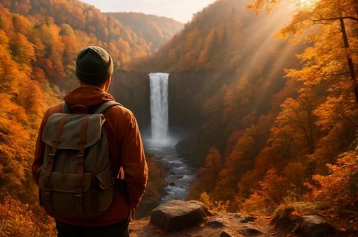 紅葉の山々と大滝を望む登山者 ハイカー 紅葉の山々と大滝を望む登山者 ハイカーの写真