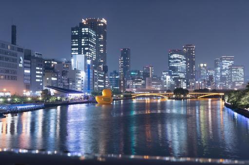 Backward rubber duck distant view at night, rubber duck, rubber duck project, florentijn hoffman, JPG