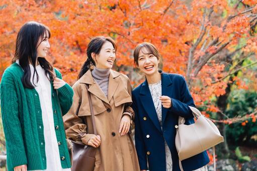 紅葉の時期にお出かけする女性3人組 女性,紅葉,秋の写真素材