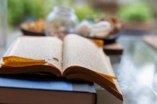 カフェのテーブルで開かれた洋書 洋書,本,読書の写真素材